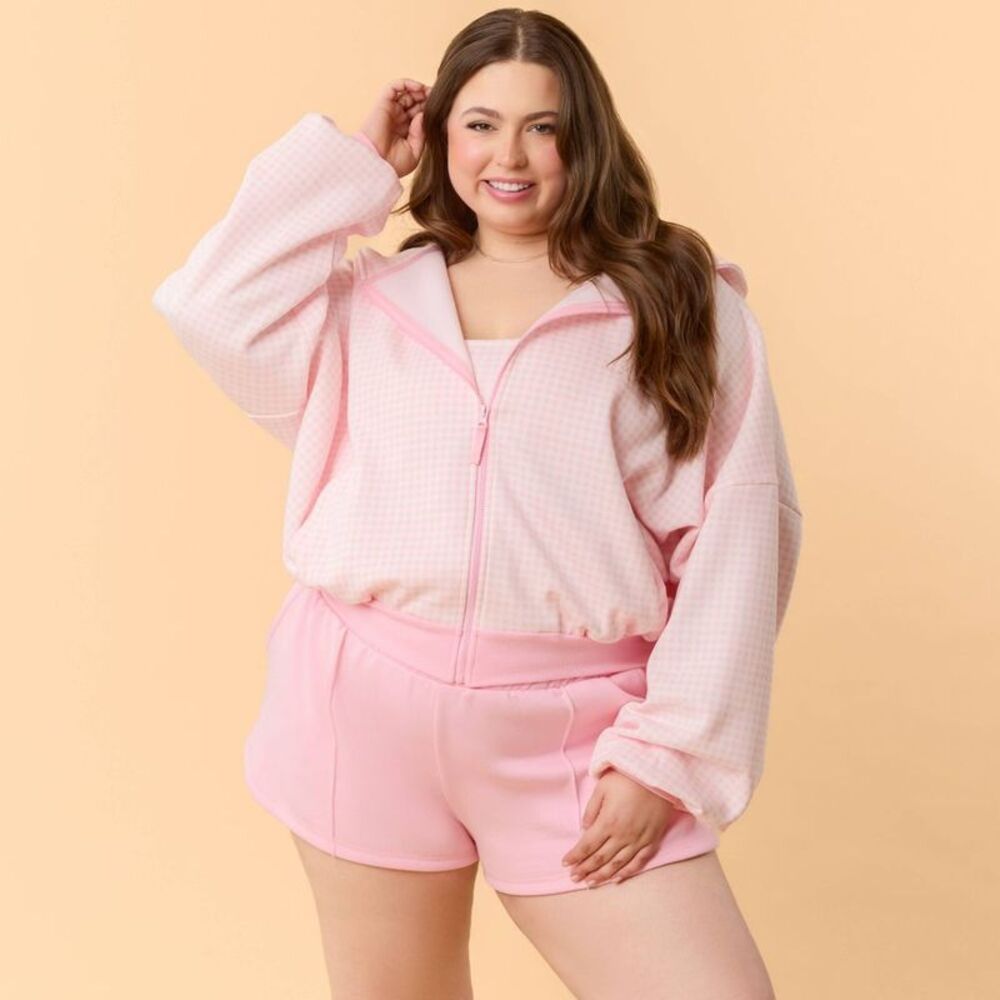 Blogilates Women's Marshmallow Full Zip Hooded Sweatshirt - Pink Gingham 3X - Picture 1 of 5